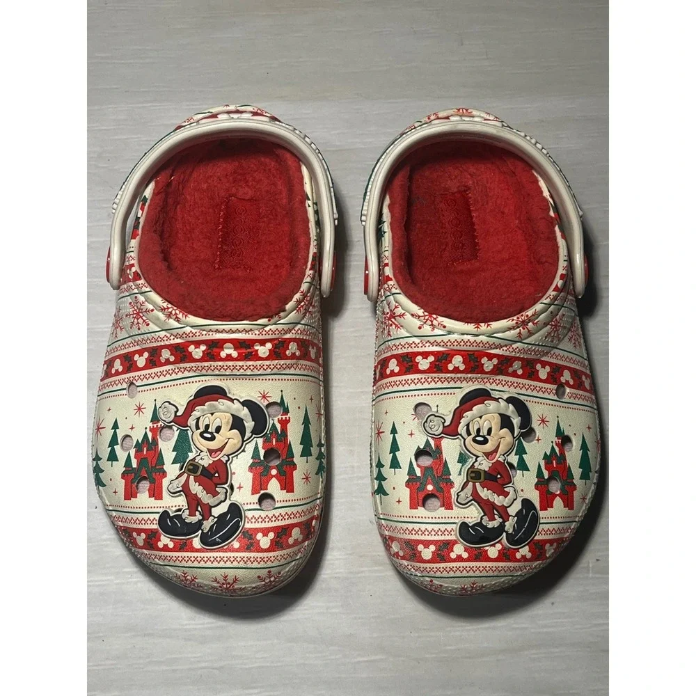 Crocs Disney Mickey Mouse Christmas Holiday Fuzz Lined Clogs Cream Red Size C10